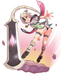 Rule 34 | 1girl, animal ears, bell, black hair, boots, breasts, cat ears, cat girl, cat tail, commentary, cougar (cougar1404), fang, green shirt, grey footwear, grey hair, grey panties, grey shirt, huge weapon, jewelry, jingle bell, jumping, leaning forward, looking at viewer, looking back, mikori (cougar1404), multicolored hair, necklace, no pants, open mouth, original, panties, pink hair, ribbed panties, shirt, short hair, short sleeves, small breasts, smile, solo, sword, tail, thigh strap, underbust, underwear, weapon, yellow eyes