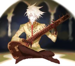 Rule 34 | 1boy, alternate costume, barefoot, bishounen, black skin, colored skin, eyeliner, closed eyes, fate/apocrypha, fate (series), indian clothes, indian style, instrument, karna (fate), makeup, male focus, mchi, music, nail polish, playing instrument, red nails, sitar, sitting, smile, solo, white hair, white skin