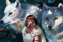 Rule 34 | 1girl, animal, brown eyes, brown hair, commentary, earrings, english commentary, facepaint, facial mark, fur, headband, jewelry, jyundee, looking at viewer, mononoke hime, necklace, san (mononoke hime), short hair, tooth necklace, wolf