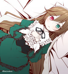 Rule 34 | 1girl, bed sheet, blush, brown hair, commentary request, dress, frilled dress, frills, green dress, green eyes, hair between eyes, haryuu (poetto), heterochromia, highres, juliet sleeves, long hair, long sleeves, lying, on back, parted lips, pillow, puffy sleeves, red eyes, rozen maiden, solo, suiseiseki, twitter username, very long hair, wide sleeves