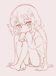 Rule 34 | 1girl, bare legs, barefoot, blush, brown background, brown theme, closed mouth, commentary request, crossed ankles, flower, full body, hair between eyes, hair flower, hair ornament, hands up, jacket, jigatei (omijin), knees up, long hair, long sleeves, looking at viewer, low twintails, monochrome, pointy ears, shirosaki hana, simple background, sitting, sleeves past fingers, sleeves past wrists, solo, swimsuit, swimsuit under clothes, track jacket, translation request, twintails, very long hair, watashi ni tenshi ga maiorita!