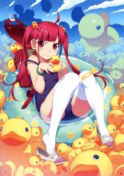 Rule 34 | 1girl, :3, absurdres, ahoge, backpack, bag, bandaid, bandaid on knee, bandaid on leg, bracelet, feet, hair bobbles, hair ornament, highres, jewelry, long hair, one-piece swimsuit, original, randoseru, red eyes, red hair, rubber duck, scan, school swimsuit, shoe dangle, shoes, sitting, solo, strap slip, swimsuit, thighhighs, twintails, uwabaki, watanabe akio, white thighhighs