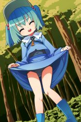 Rule 34 | 1girl, blue hair, boots, clothes lift, closed eyes, female focus, from below, hair bobbles, hair ornament, hat, kawashiro nitori, key, one-piece swimsuit, school swimsuit, short hair, skirt, skirt lift, solo, swimsuit, swimsuit under clothes, torishima (ousama), touhou, twintails, two side up