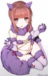 Rule 34 | 1girl, :o, absurdres, animal ears, blush, bow, breasts, brown eyes, brown hair, claw pose, cosplay, elbow gloves, eyebrows, fang, fate/grand order, fate (series), flat chest, fur trim, gloves, gradient background, grey background, halloween costume, highres, kantai collection, katoroku, looking at viewer, mash kyrielight, mash kyrielight (dangerous beast), mash kyrielight (dangerous beast) (cosplay), matching hair/eyes, navel, official alternate costume, open mouth, purple gloves, purple thighhighs, shielder (fate/grand order) (cosplay), short hair, sidelocks, simple background, sitting, solo, tail, thighhighs, twitter username, wolf ears, wolf tail, yokozuwari, z3 max schultz (kancolle)