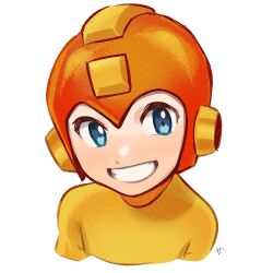 1boy blue_eyes bodysuit commentary_request cropped_torso grin happy helmet looking_at_viewer male_focus mega_man_(character) mega_man_(classic) mega_man_(series) orange_helmet signature simple_background smile solo white_background yasaikakiage yellow_bodysuit