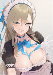Rule 34 | 1girl, absurdres, apron, asuna (blue archive), between breasts, black choker, black dress, blue archive, blue bow, blue bowtie, blue eyes, blush, bow, bowtie, breasts, choker, cleavage, commentary request, dress, gloves, grey hair, grin, hair between eyes, hair ribbon, halo, headphones, highres, kuyukian3, large breasts, long hair, maid, maid headdress, mole, mole on breast, ribbon, ribbon between breasts, short sleeves, simple background, smile, solo, upper body, white apron, white gloves