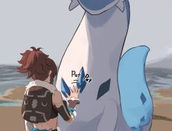 Rule 34 | 1girl, backpack, bag, beach, braid, brown hair, chillet, cropped shirt, detached sleeves, english text, from behind, fur collar, hand up, hashtag-only commentary, head out of frame, high ponytail, highres, ocean, outdoors, pal (creature), palworld, patting, player character (palworld), shirt, sky, sleeveless, sleeveless shirt, standing, teasmacker, upper body, white sky