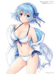 Rule 34 | 1girl, bare shoulders, bikini, blue eyes, blue hair, breasts, cleavage, fiona (gemini seed), front-tie bikini top, front-tie top, gemini seed, hagino kouta, halterneck, halterneck, highres, jacket, large breasts, long sleeves, looking at viewer, navel, off shoulder, open clothes, open jacket, pointy ears, short hair, side-tie bikini bottom, simple background, smile, solo, stomach, swimsuit, thighs, watermark, white background, white bikini, white jacket