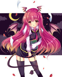 Rule 34 | 1girl, bat wings, black thighhighs, blush, book, breasts, cloud, crescent moon, duji amo, embodiment of scarlet devil, female focus, garter belt, garter straps, head wings, highres, koakuma, long hair, moon, necktie, night, night sky, outdoors, red eyes, red hair, sky, solo, star (sky), star (symbol), starry sky, tail, thighhighs, touhou, wings