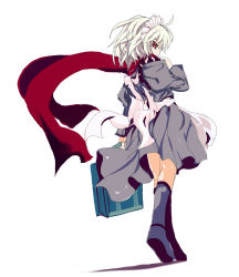 Rule 34 | 1girl, apron, black dress, boots, carrying, dress, female focus, full body, izayoi sakuya, long sleeves, looking at viewer, looking back, red eyes, rubber boots, shino (eefy), short hair, silver hair, solo, suitcase, touhou, walking, white background