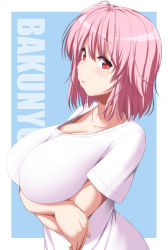 Rule 34 | 1girl, alternate costume, arms under breasts, blue background, breasts, casual, highres, large breasts, looking at viewer, medium hair, nori tamago, pink hair, red eyes, romaji text, saigyouji yuyuko, shirt, short sleeves, solo, touhou, upper body, white shirt