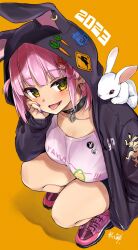 Rule 34 | 1girl, 2023, animal, animal hood, animal on shoulder, black choker, black hood, black hoodie, breasts, character hair ornament, choker, collarbone, earrings, fingernails, hair ornament, hairclip, hand on own face, heart collar, highres, hood, hoodie, jewelry, kirikirimai (kkm), large breasts, long sleeves, looking at viewer, mole, mole under eye, my melody, nail polish, onegai my melody, open clothes, open hoodie, open mouth, orange background, original, pink footwear, pink hair, pink shirt, playboy, purple nails, rabbit, rabbit hair ornament, rabbit hood, sanrio, shirt, shoes, signature, simple background, sleeves past wrists, smile, sneakers, solo, squatting, thighs, tongue, tongue out, two side up, white rabbit (animal), yellow eyes