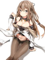 Rule 34 | 1girl, :&lt;, arm support, arm up, black pantyhose, blush, breasts, brown eyes, brown hair, collarbone, detached collar, girls&#039; frontline, hair between eyes, hair ornament, hairclip, highres, k2 (girls&#039; frontline), large breasts, long hair, long sleeves, looking at viewer, navel, pantyhose, shiny clothes, sidelocks, silver (chenwen), simple background, solo, white background