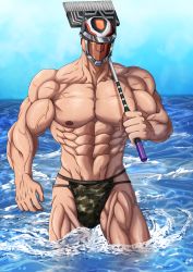 Rule 34 | 1boy, abs, absurdres, algernon (housamo), bara, biceps, broom, camouflage, covered face, feet out of frame, glowing, glowing eyes, helmet, highres, holding, holding broom, large pectorals, looking to the side, male focus, male underwear, manly, mature male, muscular, muscular male, navel, nipples, no pants, ocean, pectorals, puffy chest, sky, solo, thick arms, thick thighs, thighs, tokyo houkago summoners, topless male, underwear, uzura (dekoi683), veins, veiny arms, water