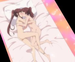Rule 34 | 2girls, ass, barefoot, blush, breasts, brown hair, convenient censoring, convenient leg, closed eyes, female focus, futon, groin, hair ornament, incest, kiss, kissxsis, long hair, lying, multiple girls, navel, nude, pillow, ponytail, screencap, siblings, sisters, small breasts, stitched, suminoe ako, suminoe riko, sweat, third-party edit, yuri