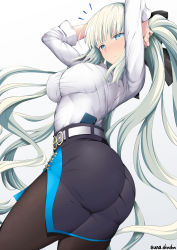 Rule 34 | 1girl, arms behind head, arms up, ass, black bow, black skirt, blouse, blue eyes, bow, braid, breasts, brown pantyhose, dress shirt, fate/grand order, fate (series), french braid, grey hair, hair bow, highres, large breasts, long hair, long sleeves, looking at viewer, morgan le fay (chaldea satellite station) (fate), morgan le fay (fate), pantyhose, pencil skirt, ponytail, shirt, sidelocks, skirt, thighs, unadon, very long hair, white shirt