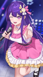 Rule 34 | + +, 1girl, absurdres, black footwear, cherng, commentary, dress, hair ornament, highres, holding, holding microphone, hoshino ai (oshi no ko), long hair, looking at viewer, microphone, nail polish, one eye closed, open mouth, oshi no ko, pink dress, pink nails, pointing, purple eyes, purple hair, shoes, socks, star (symbol), white socks