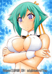 Rule 34 | 10s, 1girl, aquarion (series), aquarion evol, artist name, blush, breasts, cleavage, cleavage cutout, clothing cutout, crop top, covered erect nipples, green hair, hair ribbon, large breasts, nightmare77zx, ribbon, short hair, solo, traditional media, wrist cuffs, zessica wong