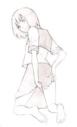Rule 34 | 1girl, balance policy, barefoot, feet, monochrome, original, school uniform, short hair, sketch, solo, traditional media, yoshitomi akihito