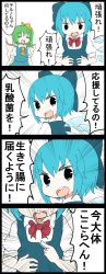Rule 34 | 2girls, 4koma, = =, ascot, blue hair, bow, cirno, comic, commentary request, daiyousei, emphasis lines, fairy wings, female focus, flat color, green hair, hair bow, highres, ice, ice wings, jetto komusou, multiple girls, open mouth, side ponytail, simple background, touhou, translated, white background, wings