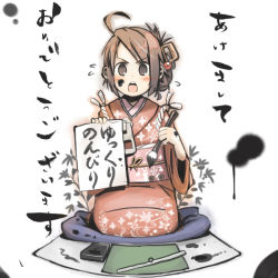 Rule 34 | 1girl, blush stickers, brown eyes, brown hair, calligraphy, calligraphy brush, hair ornament, holding, ink, japanese clothes, kimono, kneeling, nabana, new year, open mouth, original, paintbrush, pillow, seiza, sitting, solo, tasuki, translation request