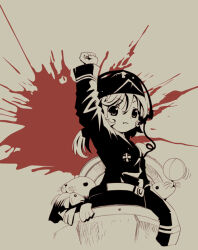 Rule 34 | 1girl, arm up, ball, belt, clenched hand, commentary request, fish, hat, headphones, looking at viewer, low twintails, medium hair, military, military hat, military uniform, original, salute, seal (animal), sleeves past fingers, sleeves past wrists, solo, splatter, spot color, toromi (toromix2), twintails, uniform, upper body
