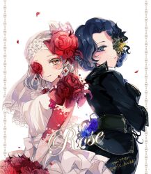Rule 34 | 2girls, artist name, back-to-back, belt, black jacket, blue eyes, blue flower, blue hair, blue rose, bouquet, bow, bridal veil, closed mouth, crossed arms, curly hair, dress, earrings, eric knikki, eyeshadow, flower, flower over eye, frilled dress, frills, gloves, gold trim, grey hair, holding, holding bouquet, identity v, jacket, jewelry, lace, lace gloves, lace trim, long sleeves, looking at viewer, makeup, margaretha zelle, margaretha zelle (vile blossom), medium hair, multiple girls, parted lips, petals, red eyeshadow, red flower, red rose, rose, rose petals, short hair, simple background, sleeveless, sleeveless dress, smile, twitter username, v arms, veil, vera nair, vera nair (crimson bride), wedding dress, white background, white bow, white dress, yellow eyes