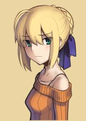 Rule 34 | 1girl, ahoge, alternate costume, artoria pendragon (all), artoria pendragon (fate), blonde hair, boa (brianoa), bra strap, braid, braided bun, closed mouth, eyes visible through hair, fate/stay night, fate (series), from side, green eyes, hair bun, hair ribbon, highres, looking at viewer, looking to the side, orange sweater, purple ribbon, ribbon, saber (fate), simple background, solo, sweater, sweater vest, upper body, yellow background
