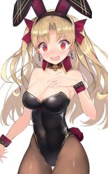 Rule 34 | 1girl, alternate costume, animal ears, blonde hair, blush, breasts, brown pantyhose, earrings, ereshkigal (fate), fake animal ears, fate/grand order, fate (series), hair ribbon, hand on own chest, jewelry, large breasts, leotard, long hair, open mouth, pantyhose, playboy bunny, rabbit ears, rabbit tail, red eyes, ribbon, simple background, skull, solo, tail, two side up, white background, wrist cuffs, yuzuruka (bougainvillea)