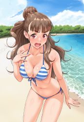 Rule 34 | 1girl, bare shoulders, beach, bikini, blunt bangs, blush, breasts, brown hair, cleavage, cloud, collarbone, commentary request, cowboy shot, day, embarrassed, eyebrows, front-tie top, hair bun, highres, idolmaster, idolmaster cinderella girls, kamiya nao, long hair, looking at viewer, medium breasts, nigou, open mouth, outdoors, red eyes, single hair bun, sky, solo, striped bikini, striped clothes, sweatdrop, swimsuit, thick eyebrows, water