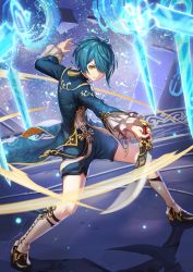 Rule 34 | 1boy, anbe yoshirou, asymmetrical bangs, blue hair, blue shorts, boots, commentary request, earrings, fighting stance, frilled sleeves, frills, genshin impact, hair over one eye, highres, holding, holding sword, holding weapon, jewelry, long coat, long sleeves, shirt, short hair, shorts, single earring, sword, tassel, tassel earrings, water, weapon, wide sleeves, xingqiu (genshin impact), yellow eyes