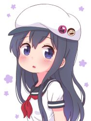 Rule 34 | 1girl, black hair, black sailor collar, blush, character pin, commentary request, double-parted bangs, floral background, hair between eyes, hat pin, higero (wataten), highres, long hair, looking to the side, neckerchief, parted lips, purple eyes, red neckerchief, sailor collar, shirosaki hana, shirt, short sleeves, sidelocks, simple background, solo, tanukikouji midori, upper body, watashi ni tenshi ga maiorita!, white background, white headwear, white shirt