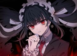Rule 34 | 1girl, black background, black hair, black nails, celestia ludenberg, center frills, collared shirt, danganronpa: trigger happy havoc, danganronpa (series), drill hair, earrings, fire, frilled jacket, frills, gothic lolita, hands up, headdress, highres, jacket, jewelry, lolita fashion, long hair, looking at viewer, nail polish, necktie, pote (pote 39), print necktie, red background, red eyes, red necktie, shirt, solo, twin drills, twintails, white shirt