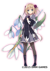 Rule 34 | 1girl, ahoge, blonde hair, blue eyes, blush, boots, capelet, cross-laced footwear, detached sleeves, floral background, flower, flower knight girl, frills, full body, grey pantyhose, hair flower, hair ornament, hand on own chest, highres, knee boots, lace-up boots, long sleeves, neck ribbon, official art, pantyhose, ribbon, short hair, simple background, smile, snowdrop (flower knight girl), snowflake print, solo, tomose shunsaku, twintails, two side up, white background