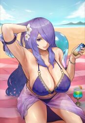 Rule 34 | 1girl, arm behind head, armpits, beach, bikini, blue sky, breasts, camilla (fire emblem), camilla (summer) (fire emblem), cleavage, cloud, day, fire emblem, fire emblem fates, fire emblem heroes, flower, hair flower, hair ornament, hair over one eye, highres, large breasts, lips, long hair, looking at viewer, lotion, mixed-language commentary, nail polish, nintendo, official alternate costume, one eye covered, outdoors, pink lips, purple bikini, purple eyes, purple hair, purple sarong, ryry (ryrypeko), sarong, see-through, shiny skin, sitting, sky, solo, sunscreen, swimsuit, very long hair, white flower