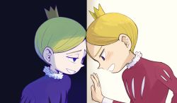 Rule 34 | 1boy, aboutama, black background, blonde hair, blue eyes, blush, child, crown, daida, dark persona, evil smile, forehead-to-forehead, heads together, male focus, ousama ranking, prince, short hair, smile, split screen, upper body, white background
