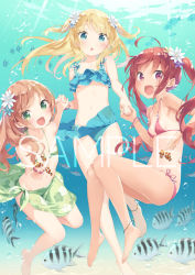 Rule 34 | 3girls, :d, ahoge, animal, bare arms, bare legs, bare shoulders, barefoot, bikini, blonde hair, blue bikini, blue eyes, blue flower, blush, breasts, brown hair, clownfish, commentary request, day, fang, fish, flower, green bikini, green eyes, groin, hair flower, hair ornament, hazuki watora, holding hands, interlocked fingers, kani biimu, long hair, looking at viewer, minazuki sarami, multiple girls, navel, one-piece tan, open mouth, original, outdoors, parted lips, purple bikini, purple eyes, purple flower, sample watermark, sarong, shimotsuki potofu, side-tie bikini bottom, small breasts, smile, sunlight, swimsuit, tan, tanline, twintails, two side up, underwater, very long hair, water, watermark, white flower