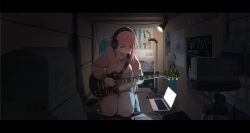 Rule 34 | 1girl, absurdres, akg k-series headphones, blue eyes, bocchi the rock!, box, cardboard box, closed mouth, computer, cube hair ornament, dark, electric guitar, fatzhai, gotoh hitori, guitar, hair ornament, headphones, highres, holding, holding instrument, indoors, instrument, jacket, kneeling, laptop, letterboxed, long hair, looking down, one side up, pants, pink hair, pink jacket, pink pants, poster (object), seiza, sitting, solo, track jacket