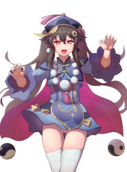 Rule 34 | 1girl, absurdres, bead necklace, beads, black nails, blue dress, blue hat, brown hair, chinese clothes, claw pose, cosplay, cowboy shot, dress, earrings, fang, genshin impact, hat, highres, hu tao (genshin impact), jewelry, jiangshi, long sleeves, looking at viewer, nail polish, necklace, no panties, open mouth, pussy, qiqi (genshin impact), qiqi (genshin impact) (cosplay), red eyes, ring, short dress, simple background, skindentation, smile, solo, symbol-shaped pupils, talisman, thighhighs, twintails, white background, wide sleeves, yin yang