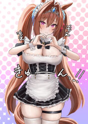 1girl absurdres alternate_costume animal_ears apron blush breasts cleavage closed_mouth commentary_request daiwa_scarlet_(umamusume) enmaided gradient_background hair_between_eyes heart heart_hands highres horse_ears horse_girl horse_tail large_breasts long_hair looking_at_viewer maid maid_apron po_musubi puffy_short_sleeves puffy_sleeves red_eyes shoes short_sleeves skindentation solo tail thigh_strap thighhighs thighs tiara twintails umamusume very_long_hair white_thighhighs