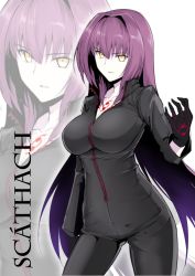 Rule 34 | 1girl, black bodysuit, black gloves, bodysuit, breasts, character name, dark persona, fate/grand order, fate (series), gloves, halcon, highres, long hair, looking at viewer, purple hair, scathach (fate), scathach (fate), solo, yellow eyes, zoom layer
