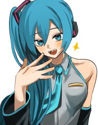 Rule 34 | 1girl, aqua necktie, black sleeves, blush, broken miku&#039;s tail (meme), collared shirt, commentary, english commentary, hair between eyes, hand up, hatsune miku, hatsune miku (noodle stopper), headphones, highres, long hair, long sleeves, looking at viewer, meme, mykokampfwagen, necktie, open mouth, shirt, side ponytail, simple background, single bare shoulder, sleeveless, sleeveless shirt, smile, solo, sparkle, upper body, very long hair, vocaloid, white background