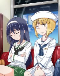 Rule 34 | 2girls, bag, bench, black hair, black neckerchief, blouse, blue neckerchief, blue sky, closed eyes, closed mouth, cloud, cloudy sky, commentary, constricted pupils, crossed arms, cutlass (girls und panzer), dixie cup hat, frown, girls und panzer, green skirt, hairband, hat, highres, kitayama miuki, long hair, long sleeves, looking at viewer, military hat, miniskirt, multiple girls, neckerchief, ooarai naval school uniform, ooarai school uniform, parted lips, pleated skirt, reflection, reizei mako, sailor, sailor collar, school bag, school uniform, serafuku, shirt, short hair, side-by-side, sitting, skirt, sky, sleeping, train station, v arms, white hairband, white headwear, white shirt, white skirt, window