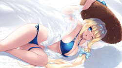 Rule 34 | 1girl, ;o, alice zuberg, arms up, bare legs, beach, bikini, bikini under clothes, blonde hair, blue bikini, blue eyes, blue ribbon, blush, breasts, cait aron, cleavage, commentary request, hairband, hat, highres, holding, large breasts, long hair, looking at viewer, lying, navel, on side, one eye closed, open mouth, ribbon, sand, see-through, shirt, side-tie bikini bottom, solo, straw hat, swimsuit, swimsuit under clothes, sword art online, very long hair, white hairband