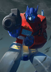 Rule 34 | absurdres, aiming, aiming at viewer, angry, artist request, autobot, beam rifle, bullet hole, cable, cloud, damaged, energy cannon, energy gun, highres, insignia, jeetdoh, looking at viewer, mecha, no humans, one-eyed, optimus prime, realistic, robot, science fiction, signature, spoilers, transformers, weapon