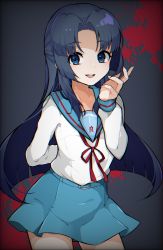 Rule 34 | 1girl, :d, arm behind back, asakura ryouko, blood, blue background, blue eyes, blue hair, blue sailor collar, blue skirt, commentary request, cowboy shot, gradient background, hand up, highres, kita high school uniform, long hair, long sleeves, looking at viewer, miniskirt, open mouth, parted bangs, red ribbon, ribbon, sailor collar, school uniform, serafuku, shirt, sidelocks, skirt, smile, solo, straight hair, suzumiya haruhi no yuuutsu, takae (poupee en biscuit), very long hair, white shirt