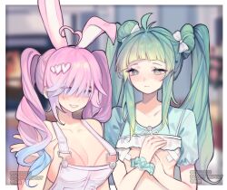 Rule 34 | 2girls, ahoge, animal ears, antenna hair, bandaid, bandaids on nipples, bare shoulders, blurry, blurry background, blush, border, breast envy, breasts, check copyright, collarbone, copyright request, flat chest, green eyes, green hair, green scrunchie, grin, hair bun, hair ornament, hand up, heart, heart ahoge, heart hair ornament, highres, large breasts, long hair, looking at another, meijio3, multiple girls, nipples, original, overalls, pasties, pink eyes, pink hair, rabbit ears, scrunchie, single hair bun, smile, teeth, twintails, upper body, watermark, white border, wrist scrunchie