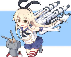 Rule 34 | 1girl, :3, armored core, armored core: for answer, bad id, bad pixiv id, black panties, blonde hair, brown eyes, elbow gloves, fuuen (akagaminanoka), gloves, hairband, highleg, highleg panties, kantai collection, lifebuoy, long hair, looking at viewer, midriff, navel, panties, parody, personification, rensouhou-chan, shimakaze (kancolle), skirt, smile, solo, striped clothes, striped thighhighs, swim ring, thighhighs, thong, underwear, white gloves