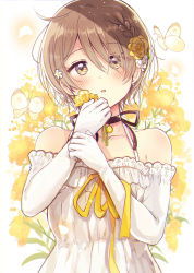 Rule 34 | 1girl, absurdres, bare shoulders, blush, braid, brown eyes, brown hair, collarbone, commentary request, dress, elbow gloves, eyes visible through hair, floral background, flower, gloves, hair flower, hair ornament, hair over one eye, hands up, highres, holding, holding flower, looking at viewer, original, parted lips, sakura oriko, sleeveless, sleeveless dress, solo, white background, white dress, white gloves, yellow flower