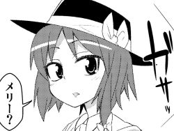 Rule 34 | 1girl, bow, comic, female focus, greyscale, hair bow, hat, hat bow, jeno, monochrome, portrait, simple background, solo, touhou, usami renko